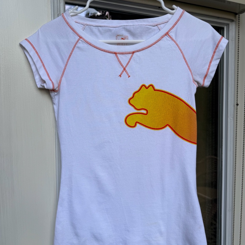Puma Sport Lifestyle White Orange Cat Logo Raglan T-Shirt Top XS USP